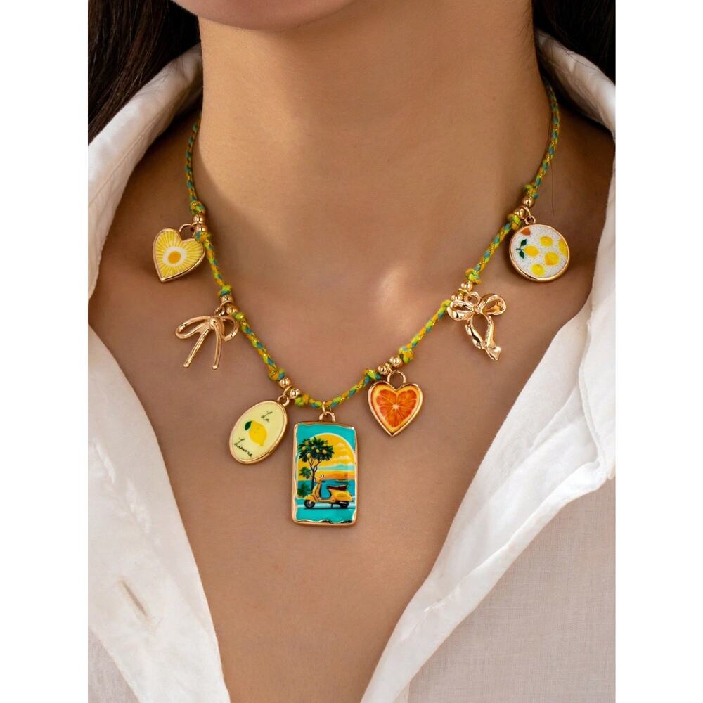 Gold Charm Necklace Vintage Lemon Citrus Heart Dainty Summer Aesthetic Jewelry
